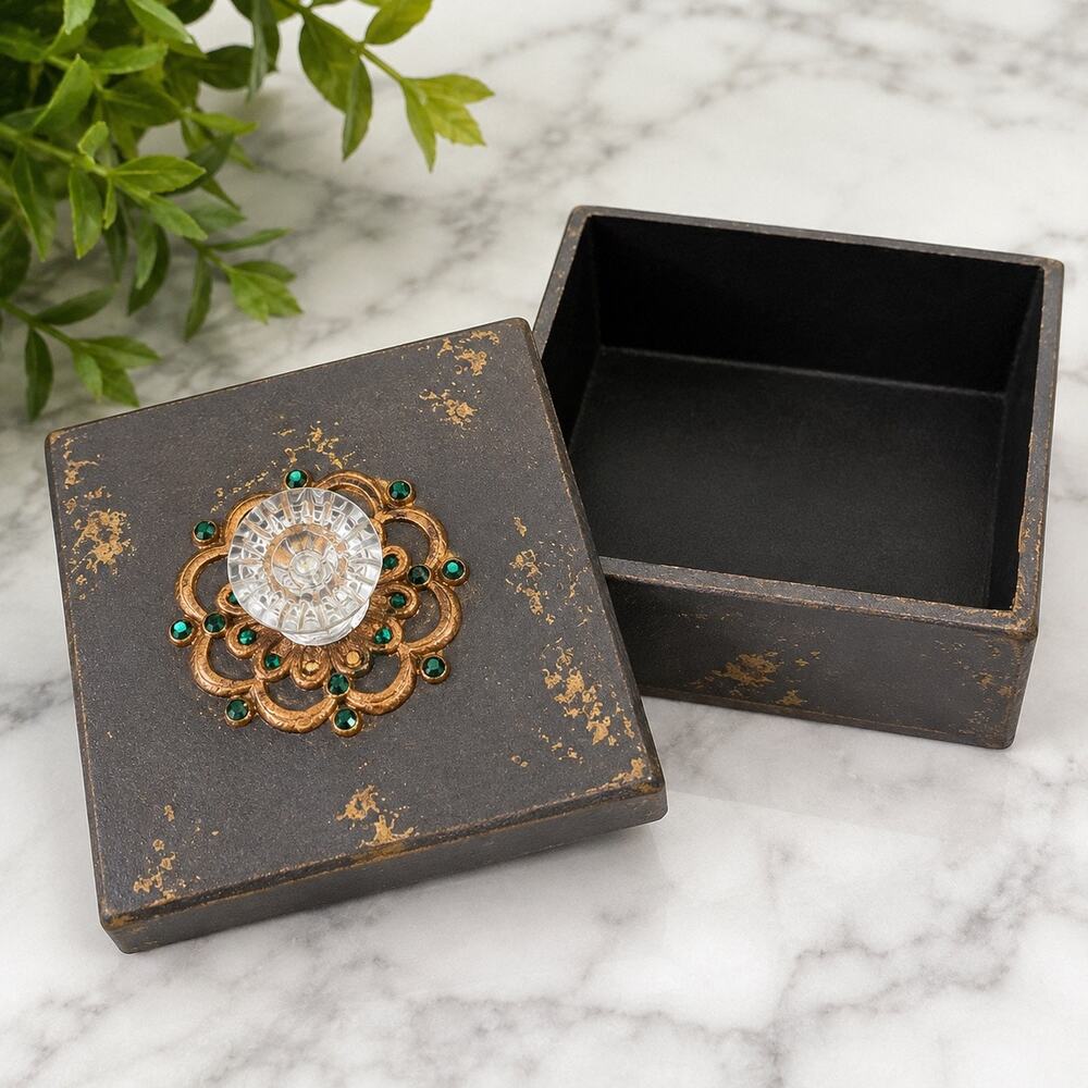 Brown & Gold Distressed Trinket Box with Rhinestone Lid